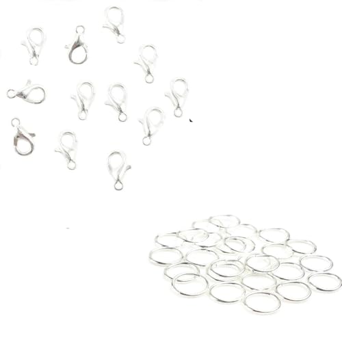 50-teiliger Karabinerverschluss + 200-teiliges offenes Sprungset zur Schmuckherstellung, DIY-Armband-Halsketten-Verbindungssets, Zubehör, Silberset, 14 mm, Verschluss 10 mm von KJJMN