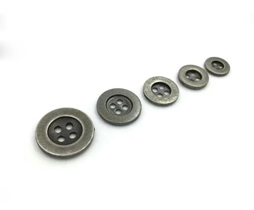 Neue Nähknöpfe aus Zinkmetalllegierung, 10 mm/11,5 mm/12,5 mm/15 mm/18 mm/20 mm, 50 Stück, Metallknöpfe, rund, Antiksilber und 4 Löcher, Antiksilber, 18 mm von KJJMN