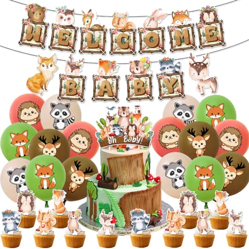 KJoet 30pcs Geburtstag Waldtiere Deko, Waldtiere Dschungel Geburtstag Deko, Ballons, Cake Topper, Banner, für Kinder Junge Tiere Thema Deko Geburtstag Party Supplies von KJoet