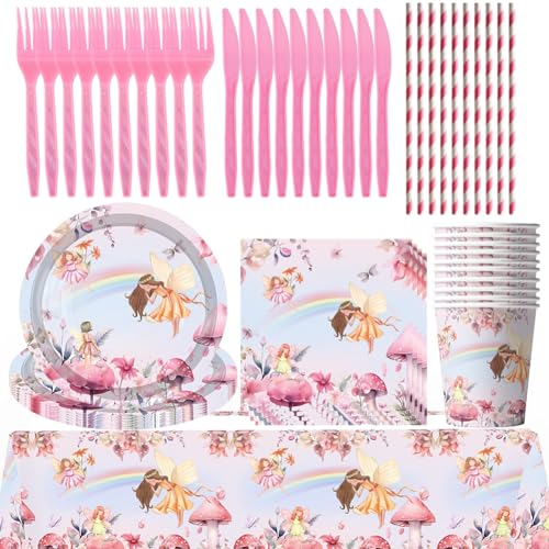 KJoet 71pcs Party Tableware Birthday, Teller, Papiertasse, Taschentuch, Messer und Gabel, Strohs, Tischdecke, Fee Pappteller Party Set, Birthday Tableware Set- 10 Guests von KJoet