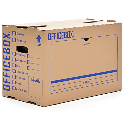 KK Verpackungen® Ordnerkarton Officebox | 10 Stück, Stabile Archivbox mit Sichtfenster für bis zu 6 Ordner | Stapelbare Archivkartons mit Ankreuz- & Beschriftungsfeldern in Braun von KK Verpackungen