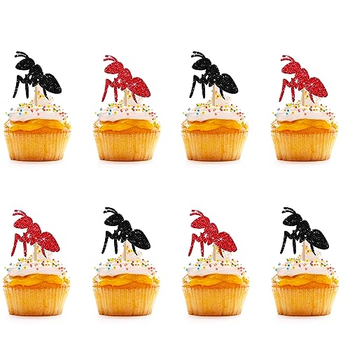 24 Stück – Ameisen-Insekten-Cupcake-Topper, Schwarz & Rot Glitzer Babyparty Cupcake-Picks, Kuchendekorationen für den ersten Geburtstag/Ameisen-Mottoparty von KKAIRA