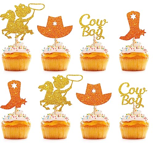 24 Stück – Cowboy-Cupcake-Topper, Gold & Roségold Glitzer Hüte Stiefel Cowboy Cupcake Picks, Kuchendekorationen für Westen Cowboy Geburtstag / Babyparty Party von KKAIRA