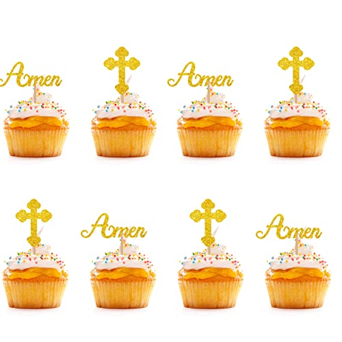 24 Stück – Jesuskreuz Amen Cupcake-Topper, Gold Glitzer Babyparty Cupcake Picks, Kuchendekorationen für Babytaufe 1. Heilige Kommunion/Jesus Oster-Mottoparty von KKAIRA