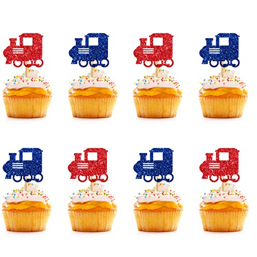 24 Stück – Zug-Cupcake-Topper, Blau & Rot Glitzer Steam Train Geburtstag Cupcake Picks, Transport Kuchen Dekorationen für Gender Reveal/First Birthday Party von KKAIRA