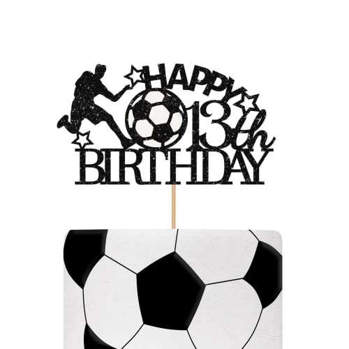 Black Soccer Happy 13th Birthday Cake Topper, Sport Thema Geburtstag Party Cake Topper, Glitzer Fußball Spieler Kuchen Dekorationen für 13 Jahre alt Geburtstag Jubiläum Party von KKAIRA