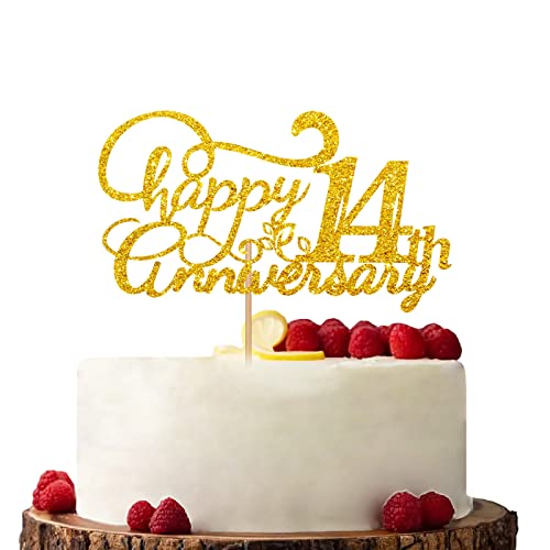 Gold Happy 14th Anniversary Cake Topper Verlobung Jahrestag Kuchen Topper Glitzer Kuchen Dekorationen für 14. Jahrestag Hochzeit Party von KKAIRA