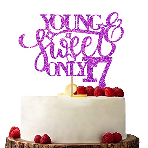 Purple Young & Sweet Only 17 Cake Topper, Hello 17 Cake Topper, Glitzer Kuchendekorationen für Happy 17th Birthday/Anniversary Party von KKAIRA