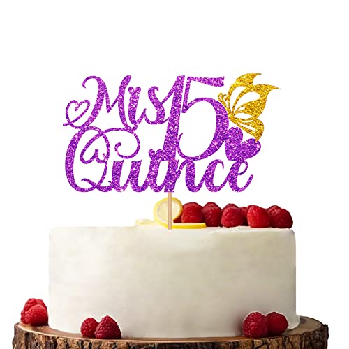 Purple & Gold Mis 15 Quince Cake Topper, Happy 15th Birthday Cake Topper, Glitzer Schmetterling Kuchendekorationen für fünfzehn Jahre alt Geburtstag/Jahrestag Party von KKAIRA