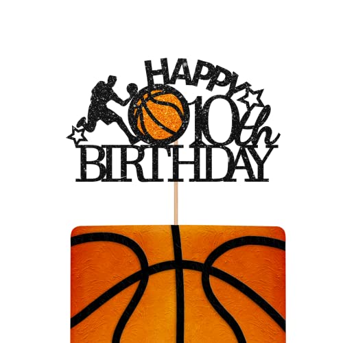 Schwarz Happy 10th Birthday Cake Topper Geburtstag Party Cake Topper Glitzer Basketball Kuchen Dekorationen für 10 Geburtstag Jahrestag Party von KKAIRA