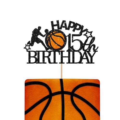 Schwarz Happy 15th Birthday Cake Topper Geburtstag Party Cake Topper Glitzer Basketball Kuchen Dekorationen für 15 Geburtstag Jahrestag Party von KKAIRA