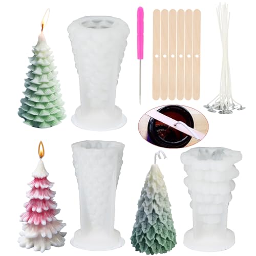 3 x Weihnachtsbaum-Silikonformen, 3D-Kerzenformen mit 15 Kerzendochten und 6 festen Halterungen, baumförmiges Silikon-Epoxidharz-Formen-Set für DIY, Wachskerzen, Kunst, Handwerk, Kuchen, Schokolade, von KKONHII