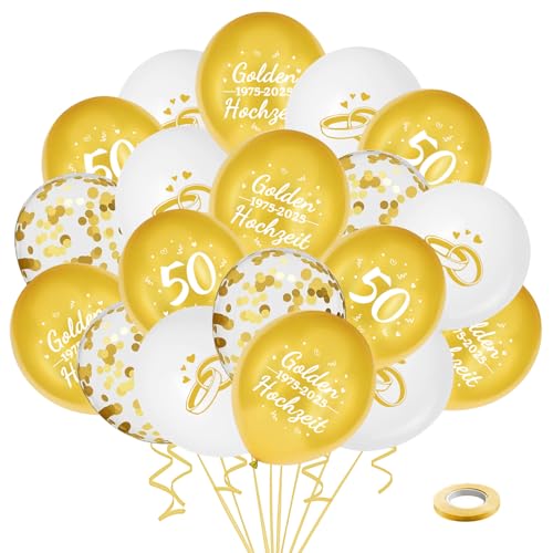 35 Stück Goldene Hochzeit 1975-2025 Luftballon, 50. Hochzeitstag Dekoration, Bedruckter Ballon und Konfetti-Ballons mit 2 Rollen Band, für Hochzeit Party Deko von KKSJK