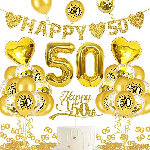 Goldene Hochzeit Deko, "HAPPY 50" Banner, Zahl Foil Luftballons und Latexballon, Gold Zahl 50 Konfetti, Cake Topper für Jubiläum Hochzeit Deko, 50. Geburtstag Deko (goldene hochzeit) von KKSJK