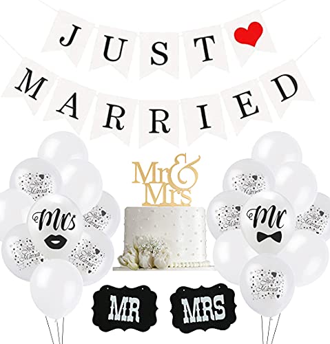 Just Married Hochzeit Deko Set, 30 Weiß Ballon, 10 Just Married Luftballons, 2 Schilder MR und MRS, 1 Just Married girlande banner für Heiratsantrag Hochzeit Fest Party Dekoration von KKSJK