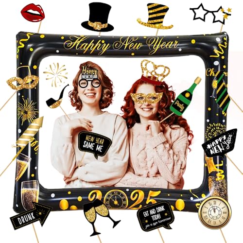 2025 Neujahr Aufblasbarer Bilderrahmen Mit 22 Pcs Foto Requisiten, Silvester Photo Booth, Neues Jahr Party Fotobox Accessoires, Schwarz Gold Selfie Rahmen Für New Year von KKSJK