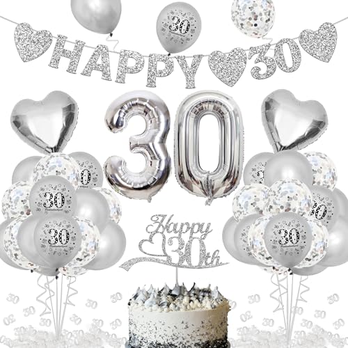 Perlenhochzeit Deko - "HAPPY 30" Banner, Zahl Foil Luftballons und Latexballon, Silber Zahl 30 Konfetti, Cake Topper für Jubiläum Hochzeit Deko, 30. Geburtstag Deko von KKSJK