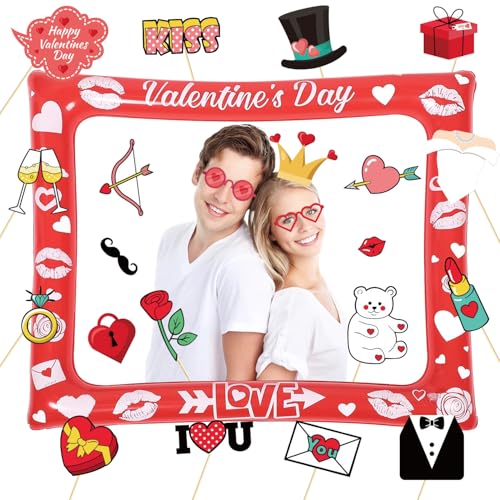 Valentinstag Doppelseitig Aufblasbarer Bilderrahmen Mit 24 Pcs Foto Requisiten, Photo Booth, Valentines Day Party Fotobox Accessoires, Rosa Selfie Rahmen Für Paare, Hochzeit von KKSJK