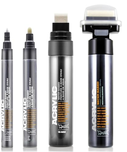 KLAMOTTEN STORE Acryl Marker Set Schwarz 4 Stück Montana Acrylic 0,7-30mm Faserspitze, Pumpmarker auf Wasserbasis, von KLAMOTTEN STORE