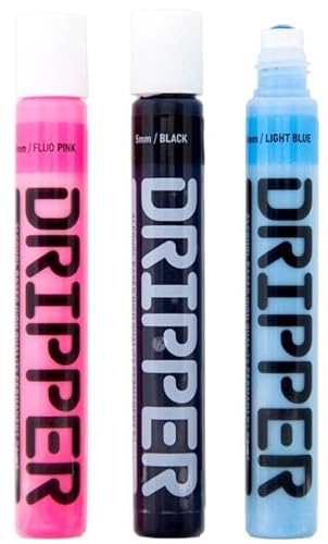 KLAMOTTEN STORE Lackstifte Set mit 5mm Spitze - 3 Dripper - Paint Marker auf Alkoholbasis - permanent haftend - Hellblau, Fluo Pink, Schwarz von KLAMOTTEN STORE