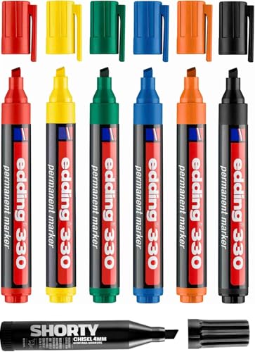 Permanent Marker edding 330 Grundfarben-Set + schwarz und orange mit Keilspitze 1-7mm wasserfest auf fast allen Materialien für Hobby-Handwerk-DIY schnell trocknend-wischfest von KLAMOTTEN STORE