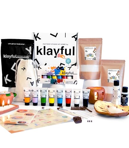 KLAYFUL® Set aus Kerzen und Ton zum Trocknen an der Luft | enthält 400 g Perlwachs pflanzlichen Ursprungs, 1,5 kg Terrakotta-Ton, Pinsel, Farben, Dochte, Stempel, Anleitung | DIY Kerzen und Keramik zu von KLAYFUL