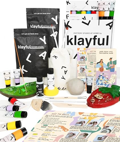 KLAYFUL Ton Töpferset für Anfänger - Lufttrocknendes DIY Set für Erwachsene. Inklusive 3 kg Ton, Werkzeuge, Acrylfarben, Pinsel, Dichtmittel, Anleitung (Klassische Töne) von KLAYFUL