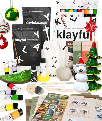 KLAYFUL Ton Töpferset für Anfänger - Lufttrocknendes DIY Set für Erwachsene. Inklusive 3 kg Ton, Werkzeuge, Acrylfarben, Pinsel, Dichtmittel, Anleitung (Klassische Töne) von KLAYFUL