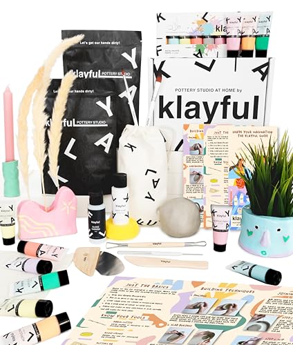 Klayful Ton Töpferset für Anfänger - Lufttrocknendes DIY Set für Erwachsene. Inklusive 3 kg Ton, Werkzeuge, Acrylfarben, Pinsel, Dichtmittel, Anleitung (Pastel Tone) von KLAYFUL