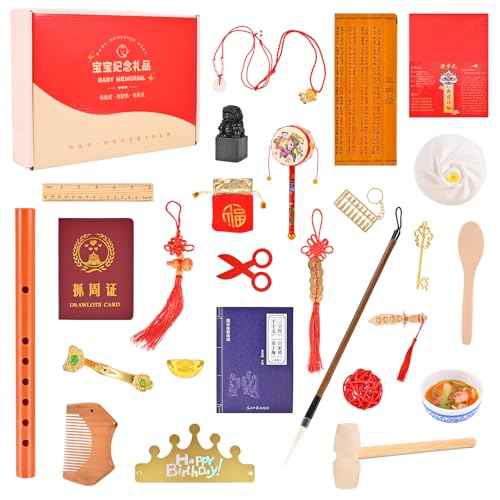 KLEAWARTE Zhuazhou Set 26 Stück Sammlung Baby Erster Geburtstag Kit Zhuazhou Party Dekorationen Doljabi Set für Baby 1. Geburtstag Zeremonie Chinesisch/Koreanische Feier Doljanchi Geschenk von KLEAWARTE