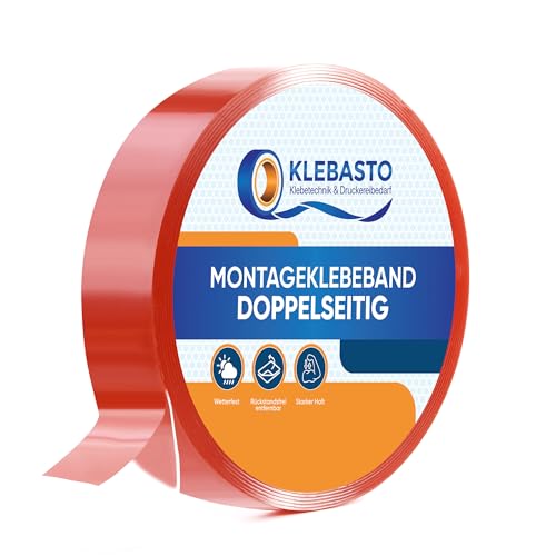 KLEBASTO Montageklebeband doppelseitig transparent | Rückstandsfrei entfernbar | Doppelseitiges Klebeband extra stark | 1mm dick in Profi Qualität (19mm x 5m) von KLEBASTO