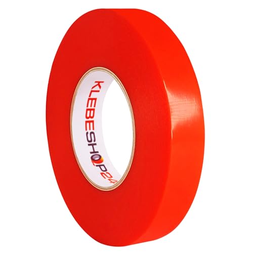 KLEBESHOP24 Doppelseitiges Klebeband aus PET-Folie - Montageband transparent - mit roter Abdeckung - ideal für Handy Reparatur / 19 mm x 50 m von KLEBESHOP24