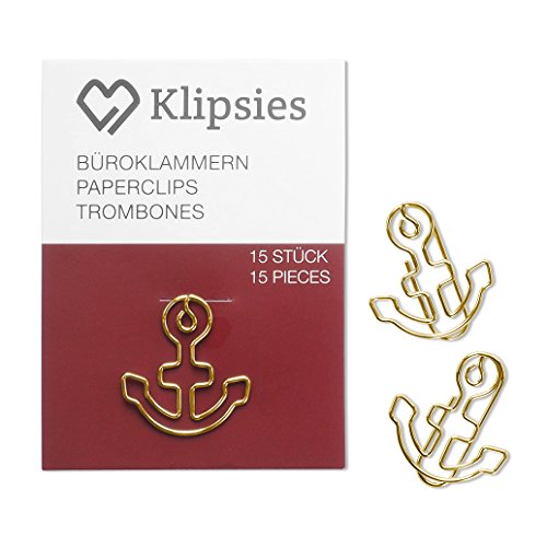 KLIPSIES Anker (Design wählbar) 15 Deko Büroklammern Motiv Heftklammern 1x15 Stück Gold von KLIPSIES