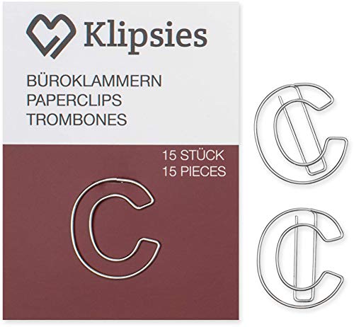 KLIPSIES Buchstabe C (Buchstabe wählbar) 15 Deko Büroklammern Motiv Heftklammern 1x15 Stück Silber von KLIPSIES