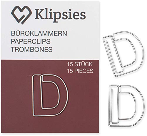 KLIPSIES Buchstabe D (Buchstabe wählbar) 15 Deko Büroklammern Motiv Heftklammern 1x15 Stück Silber von KLIPSIES