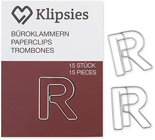 KLIPSIES Buchstabe R (Buchstabe wählbar) 15 Deko Büroklammern Motiv Heftklammern 1x15 Stück Silber von KLIPSIES