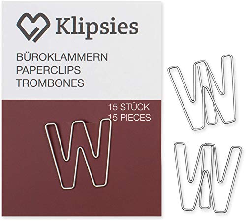 KLIPSIES Buchstabe W (Buchstabe wählbar) 15 Deko Büroklammern Motiv Heftklammern 1x15 Stück Silber von KLIPSIES