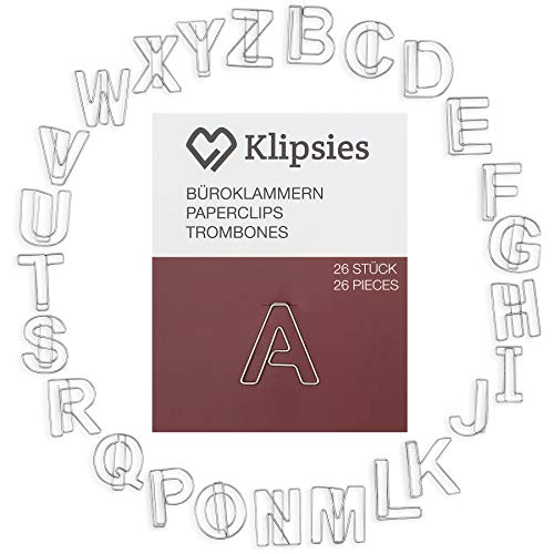 KLIPSIES Buchstaben Mix A-Z (Buchstabe wählbar) 26 Deko Büroklammern Motiv Heftklammern 1x26 Stück Silber von KLIPSIES