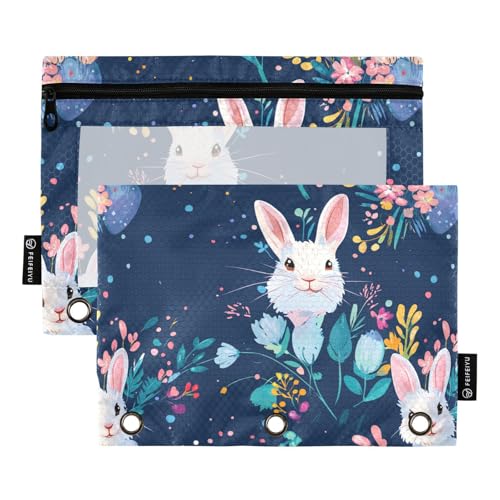 Cartoon-Kaninchen-Blumen-Oster-Bindertaschen, 3 Ringe, Tasche für 3 Ringe, Ordner mit 3 Löchern, für Schule, Zuhause, Reisen, Karten, Aufbewahrungsbehälter von KLL