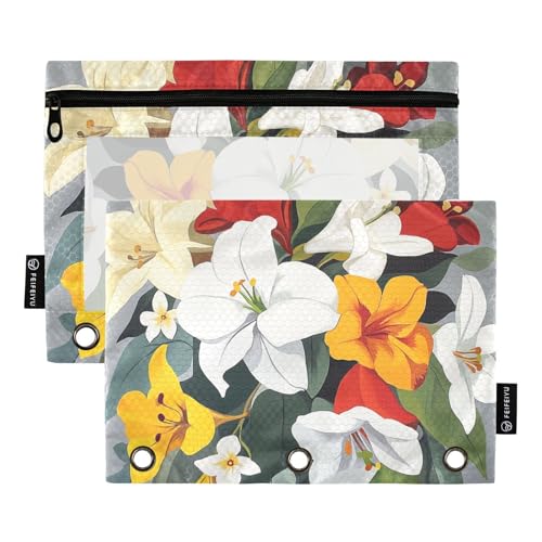 Florals Lily Gardenia Narzisse Graue Bindertaschen Federmäppchen für Ringe, Ordner, Aufbewahrung mit 3 Löchern für Kinder, Schreibwarenzubehör von KLL