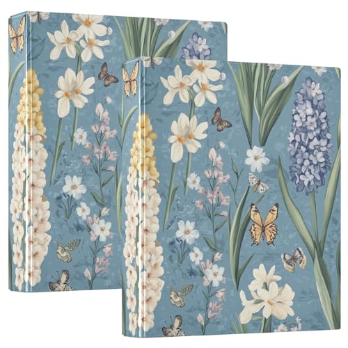 KLL 1,5 Zoll Notebook Binders Runde Ringe Binder mit Klemmbrett 1/2 Stück Aesthetic Binder 200 Blatt Frühlingsblumen Hyazinthen Schmetterlinge Bienen Blau von KLL