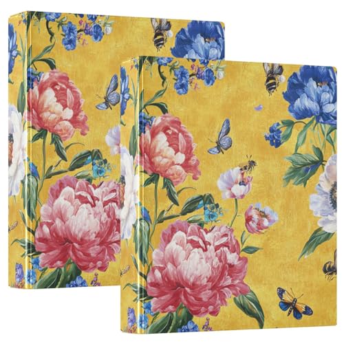 KLL 3-Ringe Ordner, 1 und 1/2 Zoll Ordner mit Klemmbrett 1/2 Packungen Schulhefter 200 Blatt, Frühlingsblumen Pfingstrosen Dianthus Schmetterlinge Bienen Gold von KLL