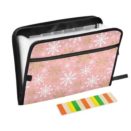 KLL Accordian Aktenordner, 13 Taschen, wasserfester, erweiterter Aktenordner, Format A4, mit Etiketten, Klasse, Haus, Büro, Reisen, Weihnachten, Roségold, Flocken von KLL