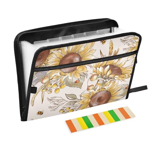 KLL Akkordeanische Aktenordner, 13 Taschen, tragbar, erweiterbar, A4-Größe, Papier, Dokumente, Quittungen, Organizer für Zuhause, Uni, Büro, Reisen, Sonnenblumen, Blumen, Bienen, Ernte von KLL