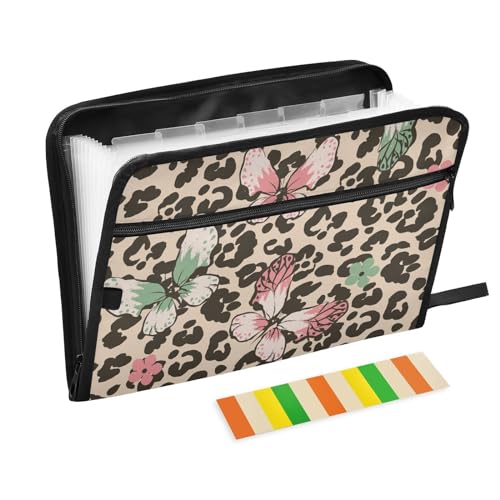 KLL Akkordeanische Dokumentenmappe, 13 Taschen, wasserdicht, Fächermappe, A4, Dokumenten-Organizer mit Etiketten für Zuhause, Schule, Büro, Reisen, Schmetterlinge, Leopard von KLL