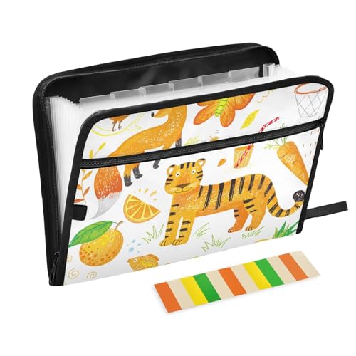 KLL Akkordeanische Dokumentenmappe, 13 Taschen, wasserdicht, Fächermappe, A4-Größe, Dokumenten-Organizer mit Etiketten für Zuhause, Uni, Büro, Reisen, niedliche Kinder, orangefarbene Tiere von KLL