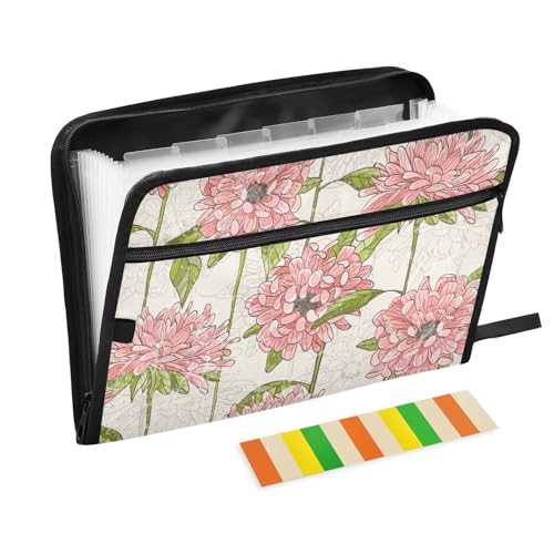 KLL Akkordeanischer Aktenordner, 13 Taschen, tragbar, erweiterbar, A4-Größe, Dokumentenmappe, Brieftasche für Zuhause, Büro, Uni, Klassenzimmer, Retro, niedliche Vögel, rosa Blumen von KLL