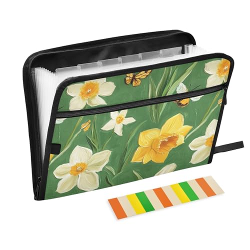 KLL Akkordeon-Aktenordner, Fächermappe aus Kunststoff, Hängeregistraturtasche mit Taschen für Klassenzimmer, Blumen, Narzissen, Blumen, Schmetterlinge, Grün von KLL