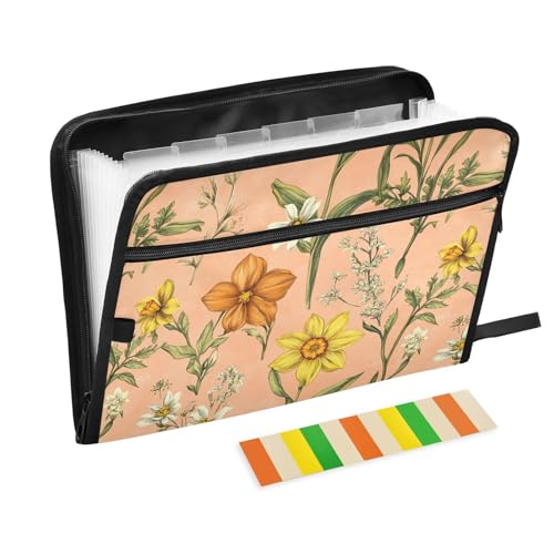 KLL Akkordeon-Aktenordner, Papier-Organizer, Mappe, Organizer, mehrere Taschen, Ordner mit Reißverschluss für klinische Krankenpflege, Herbstblumen, Narzissen, Thymian, Pfirsich von KLL