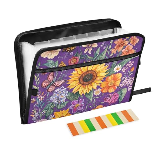 KLL Akkordeon-Aktenordner mit Taschen, Hängeregistraturmappe mit Taschen für Klassenzimmer, Sonnenblume, Orchidee, Schmetterlinge, Bienen, Violett von KLL